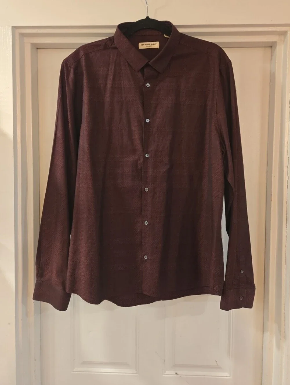 Burberry London Mens Cotton Tailored Fit Burgundy Long Sleeve Shirt XL Preppy